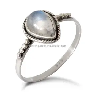 Anel de prata artesanal natural da gota da água da lua do arco-íris natural da pedra preciosa anel de prata 925