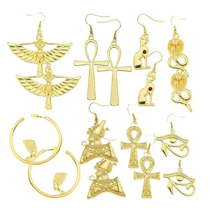 非洲声明耳环不锈钢定制镀金Ankh十字架吊坠纳芙蒂蒂皇后埃及女性耳环