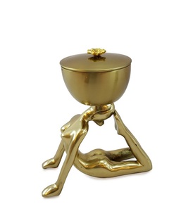 Brass Decorative Bowl with <b>Lid</b> – Gold Polish Woman Pose Dry Fruit Jar & Tabletop Centerpiece Showpiece for Home <b>Decor</b> - Product Image 2