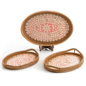 Rattan Wicker Trays with Mother of Pearl Inlay MDF Base and Insert Handle for Fruit Serving, <b>Coffee</b> <b>Table</b> Trays Handmade - Product Image 5