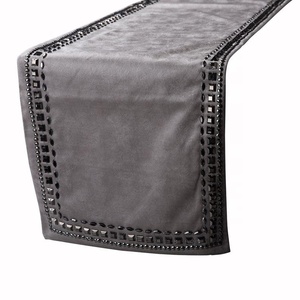 Luxury Gray Velvet Table Runner with Rhinestone Trim Edge Decorative Home Use - Product Image 1