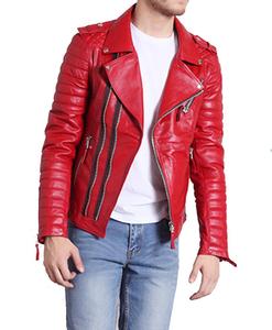 Veste de motard en cuir véritable Hommes biker Racing Mouton Doux rouge En Cuir Veste En Cuir De Mode - Product Image 4