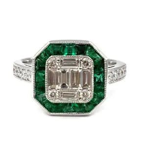 Desain Vintage Klasik Batu Permata 18K Emas Putih Baguette Nyata Berlian Cluster Putri Emerald Rings Cluster Perhiasan Bagus