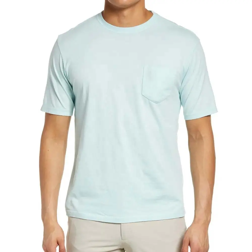 Sky Blue Bella+Canvas Triblend short t shirt with pocket ,50/25/25 polyester/airlume combed and ringspun cotton/rayon men tee