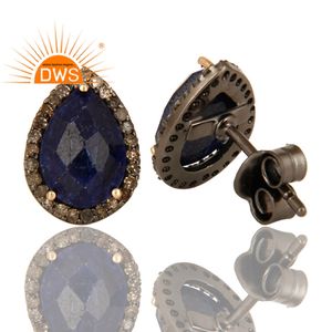 Pendientes de tuerca de diamante pavé para mujer, joyería de proveedor de boda, oro amarillo de 14k, zafiro azul, fabricante de joyas de piedras preciosas - Product Image 3