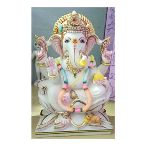 Estatua de mármol colorida hecha a mano, Lord Ganesha sentado - Product Image 1