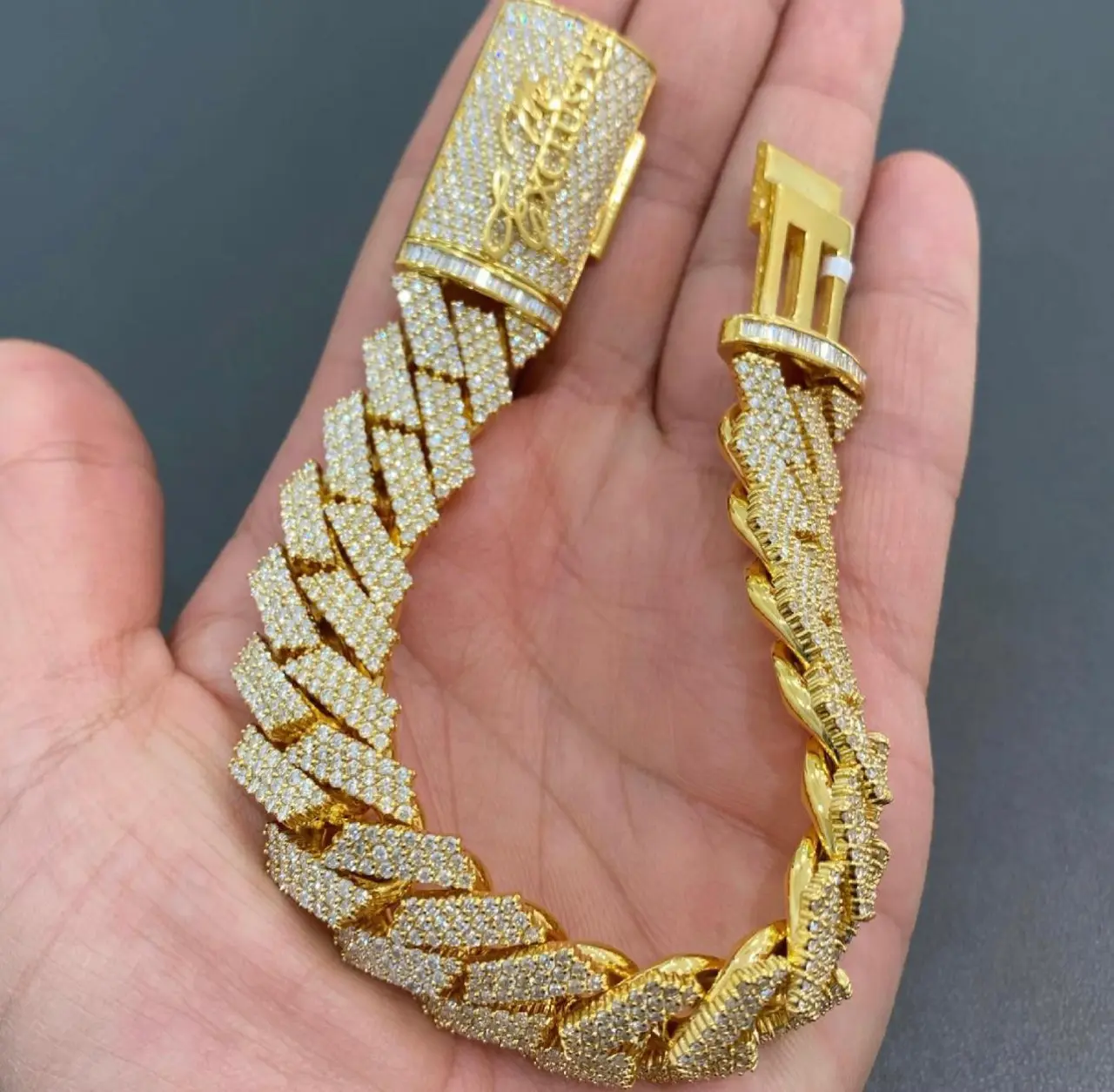 10K Yellow Gold Natural Round And Baguette Diamond Ice-Out Cuban Link Bracelet