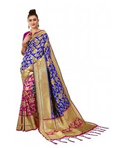 Indian Women's Banarsi Silk Saree Blouse Piece Free Size Party Wear Sari From Surat Apparel Garment - Product Image 1
