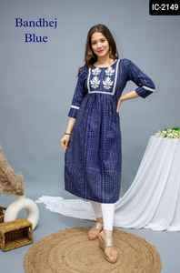 New Latest Cotton Silk Fancy Indian Traditional Embroidery Work Bandheji Printed Side Cut High-quality Fancy <b>Kurtis</b> for Women - Product Image 5