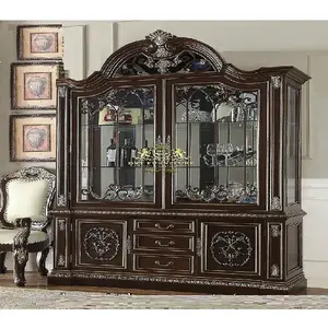 Antique Finish Teak Wood Showcase Cabinet Classical European Style Wooden Showcase Indian Royal Style Crockery Unit for Sale