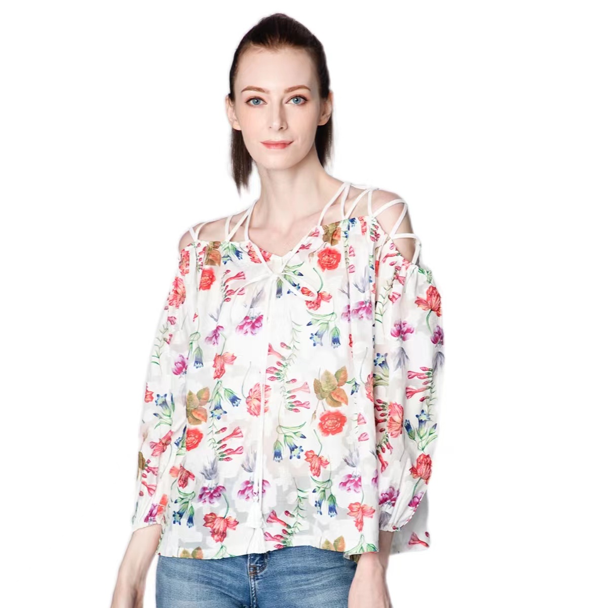 Повседневный тканый Топ большого размера с принтом, украшенный перекрестными плечами и кисточками, Женский Топ (21013)