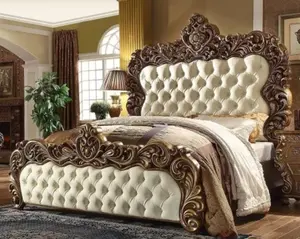 TRIHO Furniture Antique Royal Luxury Solid Wood Frame Genuine Leather Bed Carved Wooden bed