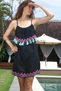 Newly Boho Hippie People Asymmetric Short Dress Flounce Neck Embroider sleeveless Spaghetti Strap Women Casual Summer Tunic - Product Image 3