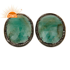 Genuine Emerald Diamond Sterling <b>Silver</b> Black Oxidized Antique <b>Stud</b> Earrings Jewelry Supplier - Product Image 1