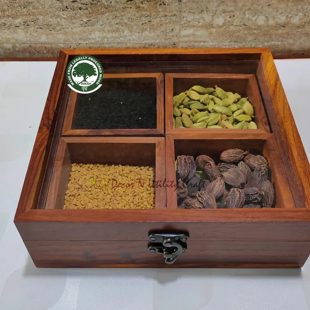 Wedding Party Decoration Vintage Life Inc Wooden Brown Table Top Masala box Containers Jars Cum Kitchen Spice Box/Dry Fruit Box with Glass Top 12 Inches