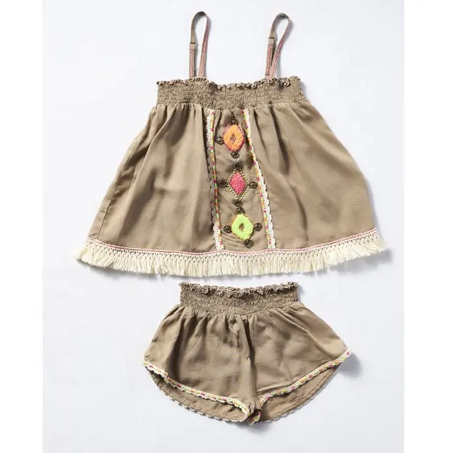 2018 Ärmellose Kinder Kid Wear Kleidung Mädchen Stickerei & Perlen Arbeit Kinder Kleidung Set Little Princess Fringe Shorts & Top Outfits