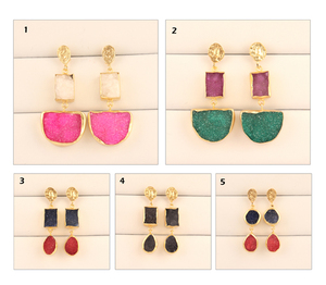 Boucles d'oreilles pendantes Druzy en cristal naturel plaqué or 18 carats, longue paire, bijoux cloutés en laiton à la mode - Product Image 3