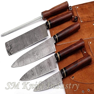 Juego de cuchillos de cocina Sm Knives de 5 piezas, varilla de afilado, rollo de cuero, acero de Damasco hecho a mano, filo afilado con láser, mangos de madera, 3 años de garantía - Product Image 2