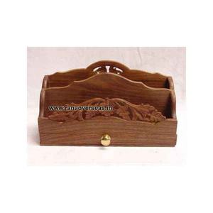 Brown <b>Wooden</b> <b>Letter</b> Rack Desk Organizer With 2 Self and Leaf Carved Design for Living Room - Product Image 1