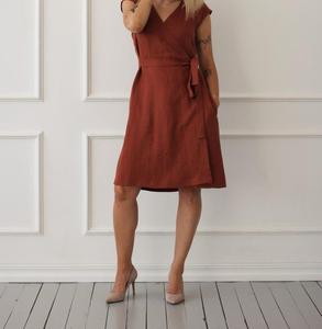 Nuevo Vestido Cruzado de Lino 100% Color Sienna, Cuello en V, Mini, Formal, Sin Mangas, Sexy, Transpirable, con Borlas, para Mujer - Product Image 6