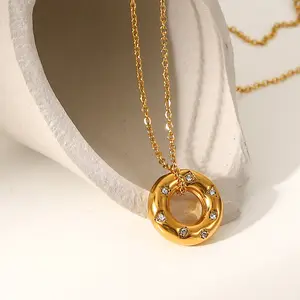 18K Sieraden Ketting Cirkel Cz Donut Hanger Dagelijkse Dragen Rvs Ketting