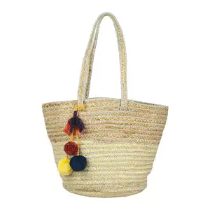 Eco-freindly Trendy Handmade Jute Chic Tote Beach Handbag with Silver Lining Tassel/pompom from India for Women Fashion GF-20124