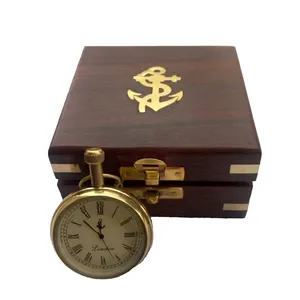 Relógio despertador náutico bronze com caixa de madeira, âncora inposição vintage raro e único relógio náutico para decoração e presente