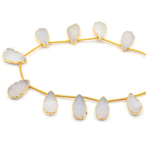 White Druzy 12 to 14 MM Pear Shape Side Drilled Gold Plated 10 Beads Strand - Product Image 2