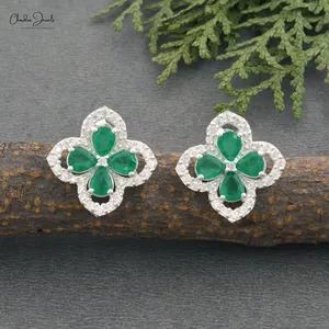 赞比亚2 CT绿宝石和立方锆石花形耳钉925纯银时尚珠宝出厂价格