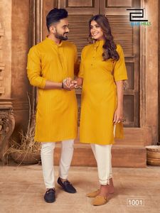 Magnifique ensemble Kurta et Kurti en coton pour couple assorti, avec doublure en tissage argenté - Product Image 4