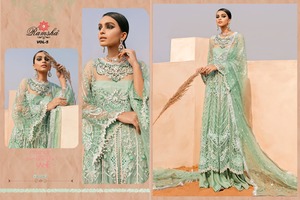 Robe brodée du pakistan rose clair de haute qualité, avec fil bleu clair, paire avec filet, collection de styliste - Product Image 3