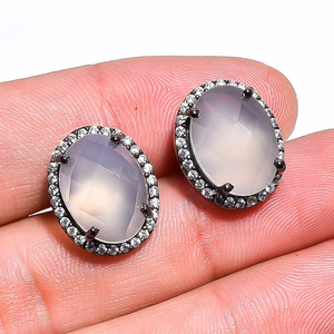 925 Sterling Silver <b>Black</b> Plated <b>Stud</b> <b>Earrings</b> Natural Grey Chalcedony Cubic Zircon Gemstone Micro Pave Fine Jewelry Engagement - Product Image 2