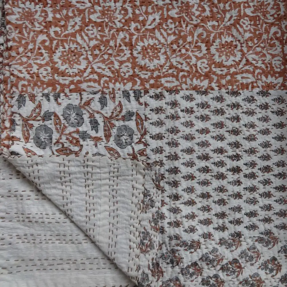 Édredon Kantha en coton à motif floral, couvre-lit imprimé bloc à la main, drap de lit avec finition royale et élégante, couleurs légumes