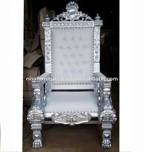 Chaises en acajou en bois massif blanc argenté de loisirs français antiques pas cher King Ralph Head sculpté haut dossier trône vivant velours - Product Image 2