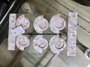 Custom Size Acrylic Tray with Mother of Pearl <b>Handle</b> Round Marble Coaster for Home Use Ramadan Gift Six Platter Tray - Product Image 2