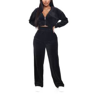 <b>Women's</b> 2 Piece Outfits Velvet Tracksuit Zip up Croptop Style Hoodie Velour <b>Sweatpants</b> Workout Sweatsuit - Product Image 1