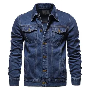 Jaket Jins Katun Murni Pria, Jaket Denim Kasual Ramping Warna Biru Hitam Musim Semi 2021