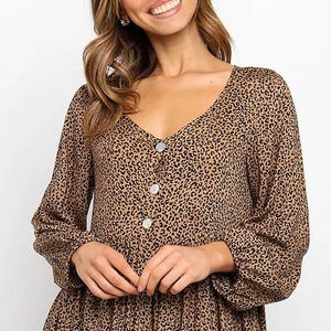Vestido corto informal de algodón con manga larga para verano, minivestido sexy con estampado de leopardo para mujer, 2021 - Product Image 1