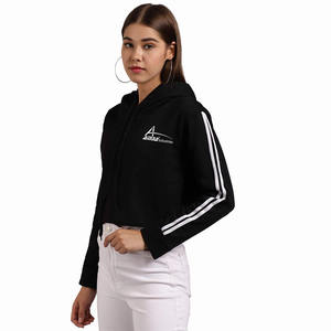 Top court à capuche pour femme, sweat-shirt féminin à la mode, couleur noire pure, cordon de serrage, manches longues, 2020 - Product Image 5