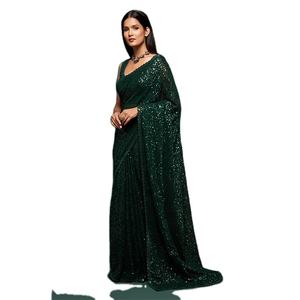 Georgette-Partywear bordado para mujer, hermoso Partywear de lentejuelas de color verde para boda y fiesta - Product Image 1