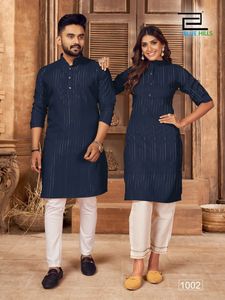 Magnifique ensemble Kurta et Kurti en coton pour couple assorti, avec doublure en tissage argenté - Product Image 5
