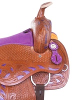 LLT LLTWS-1632 ZK Selle de cheval Western pour barrel racing en cuir teint, avec siège rembourré en mousse légère violette, et têtière et peignoir de sellerie