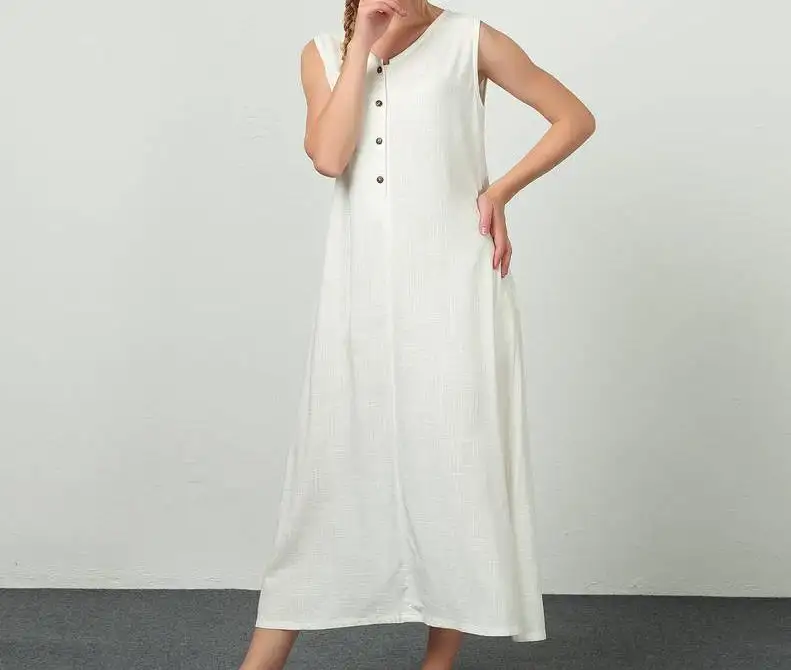Robe longue en coton et lin blanc, boutons avant, manches sans longues, style bohème, nouveauté, été 2019
