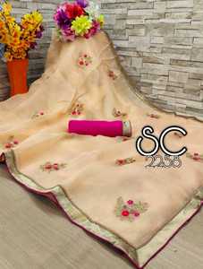 Vêtements de soirée en soie pour femmes, filet brodé de styliste, design de fleurs indiennes, couleur orange, saray avec chemisier, pièce de travail en perles - Product Image 2