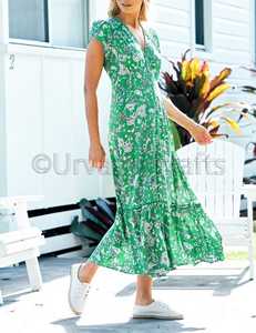 Dresses — robe longue d'été pour femmes, vert Vintage, imprimé, col en V, manches courtes, décontractée - Product Image 4