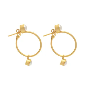 solid .925 sterling silver gold plated earring genuine pearl hoop earrings gemstone handmade jewelry low price