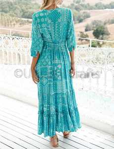 Bohème Imprimé Floral D'été Turquoise À Manches Longues Femmes Vêtements V-cou Longue Robe Maxi - Product Image 3