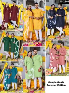 Indische pakistani sche Hochzeits funktion Rayon Stickerei Arbeit Paar Kurtis Set für Männer und Frauen mit Chiffon Shiburi Print Dupatta