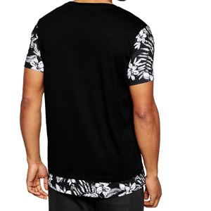 男性用ファッショナブルなクルーネックTシャツカスタムフローラルスリーブ裾プリントロングライン100% コットンバングラデシュ卸売 - Product Image 3