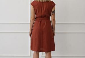Nuevo Vestido Cruzado de Lino 100% Color Sienna, Cuello en V, Mini, Formal, Sin Mangas, Sexy, Transpirable, con Borlas, para Mujer - Product Image 3